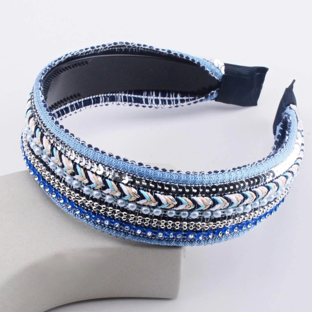 Boho Faux Pearl Sequin Braided Headband - Picture 3 of 7